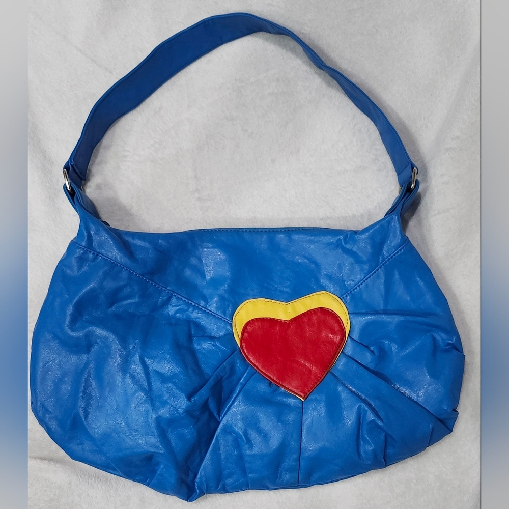 Bright Blue Shoulder Bag Purse Red Yellow Layered Hearts Embellishment